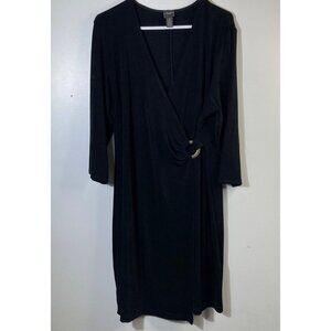 Womens Chicos Travelers Faux Wrap Dress Metal Ring 3/4 Sleeve Black L Slinky